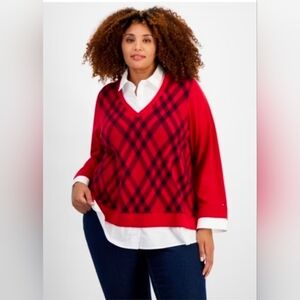 Nwt TOMMY HILFIGER Two Fer Gingham Layered V Neck Sweater Collared Shirt Size 3X